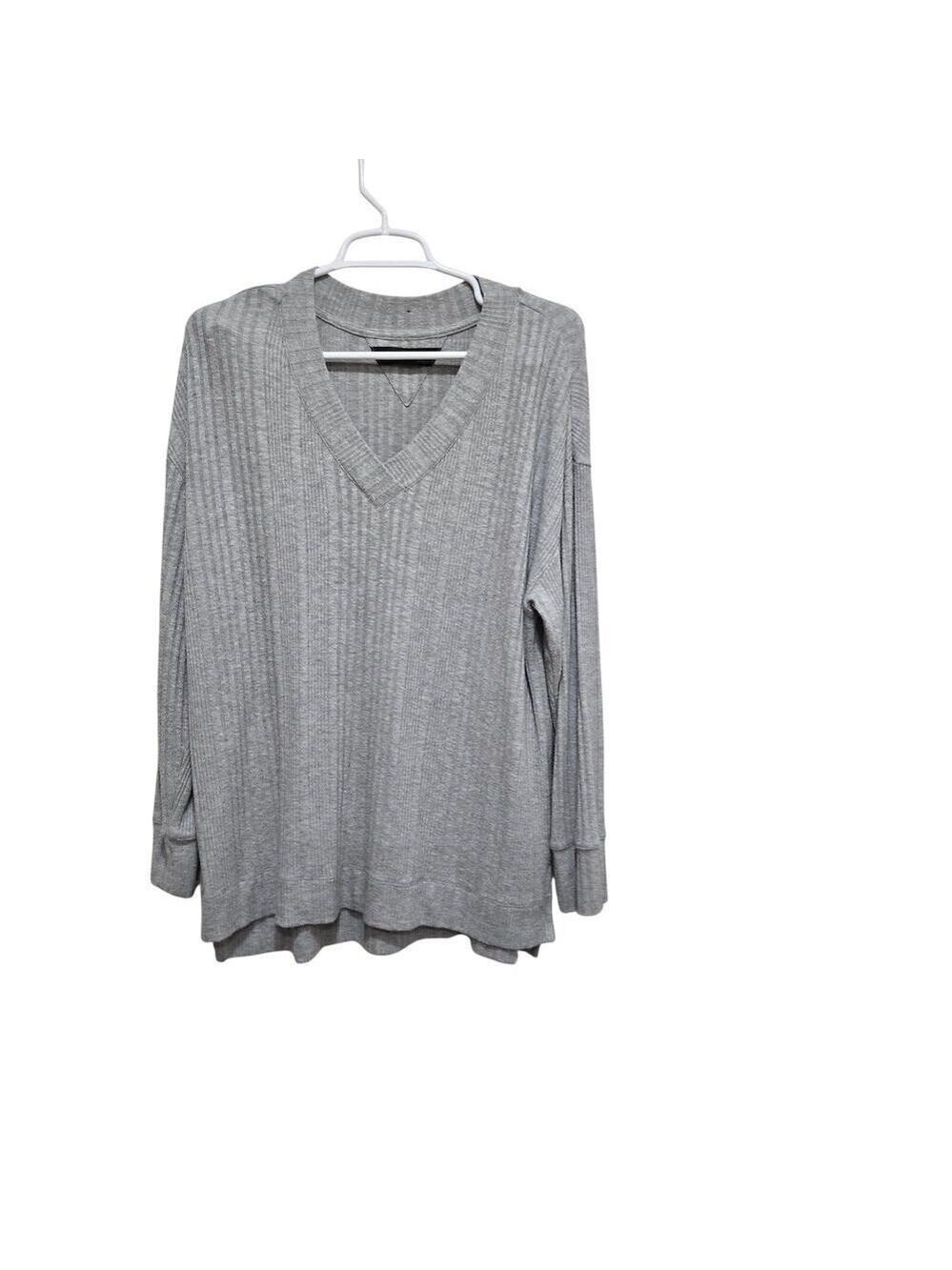 Andrew Marc Gray Ribbed V Neck Tunic Top Large Soft Knit